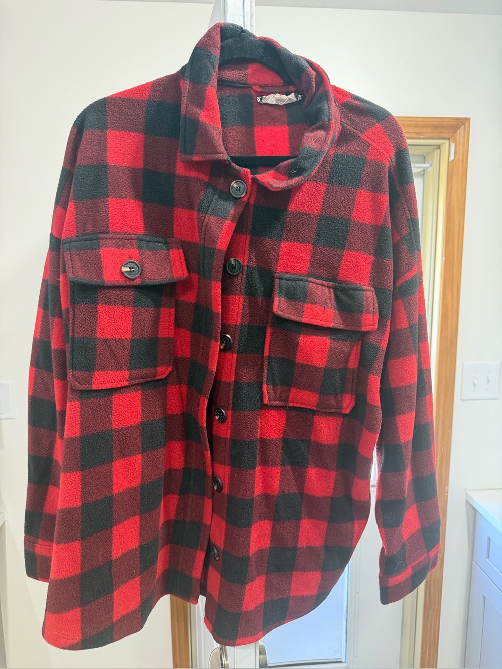 Pink Rose Red and Black Buffalo Check Button-Front Shirt Jacket